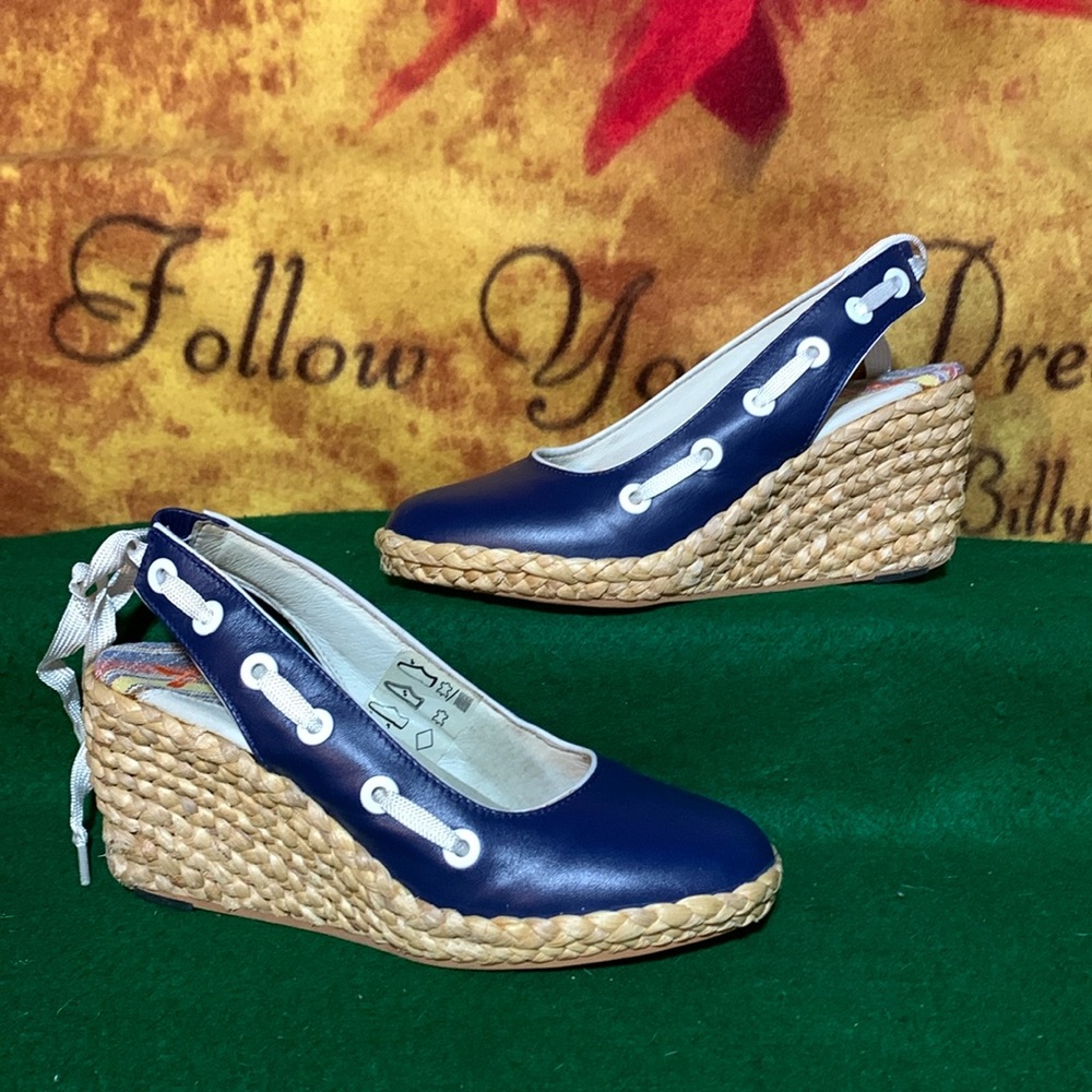 J.SHOES-women’s navy blue leather SCARLET stetch ankle strap wedged shoes